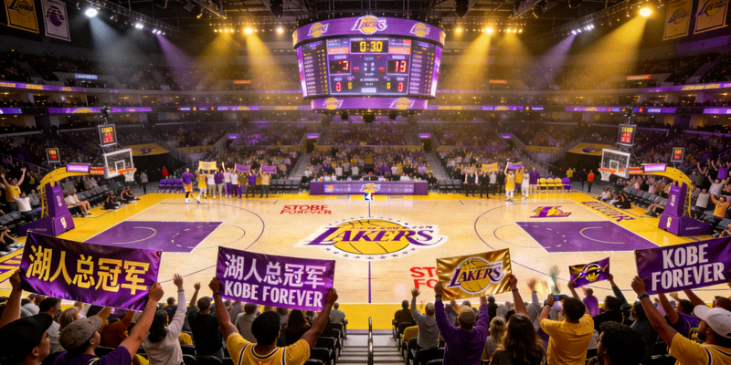 洛杉矶湖人队主场斯台普斯中心内景，球迷高举助威标语